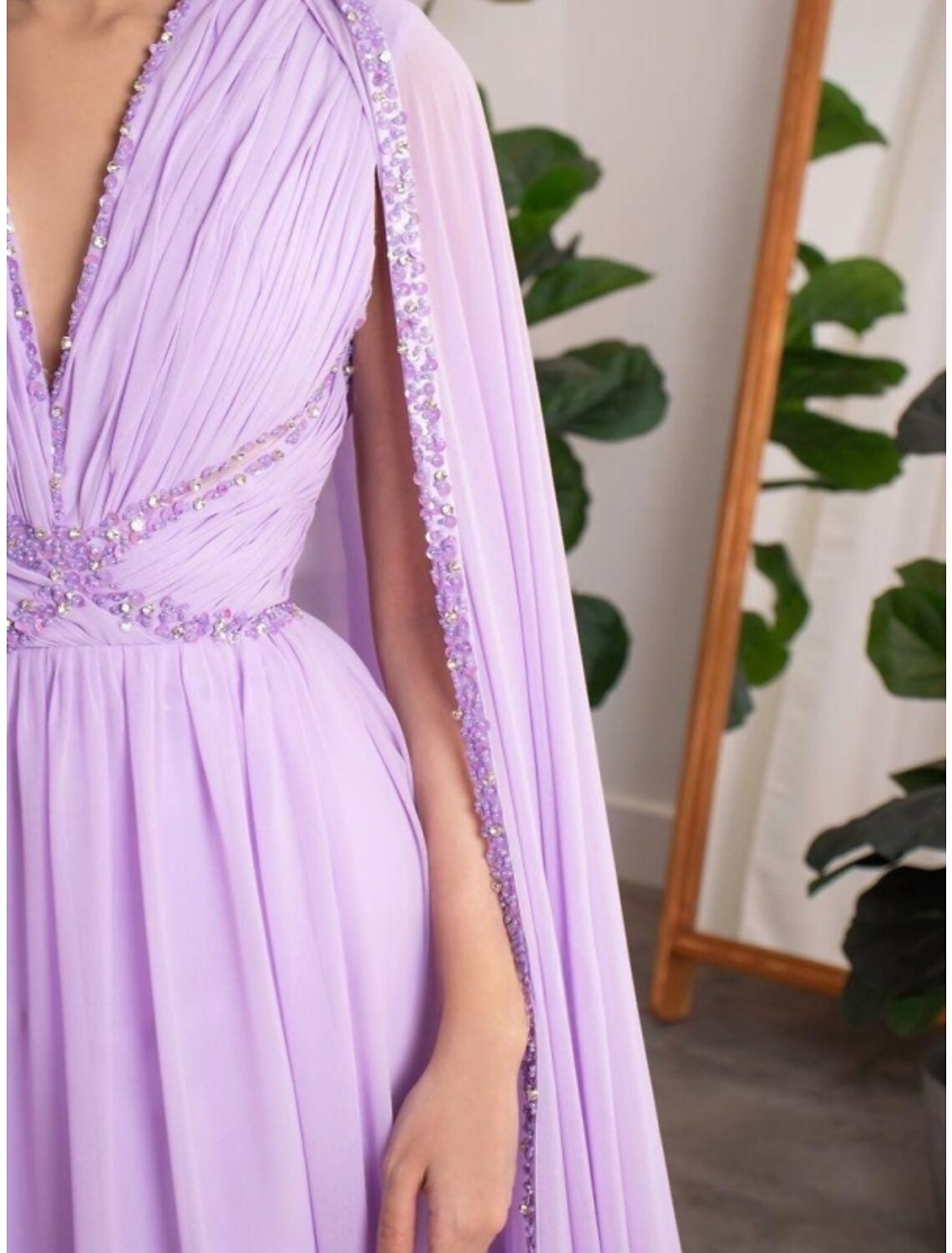 A-Line Evening Gown Elegant Dress Formal Fall Court Train Long Sleeve V Neck Chiffon with Pleats Sequin