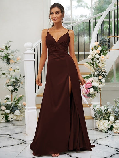 A-Line/Princess Silk like Satin Ruched V-neck Sleeveless Floor-Length Bridesmaid Dresses