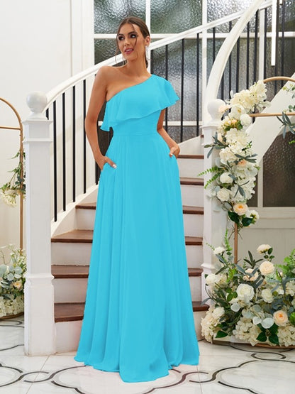 A-Line/Princess Chiffon Ruffles One-Shoulder Sleeveless Floor-Length Bridesmaid Dresses