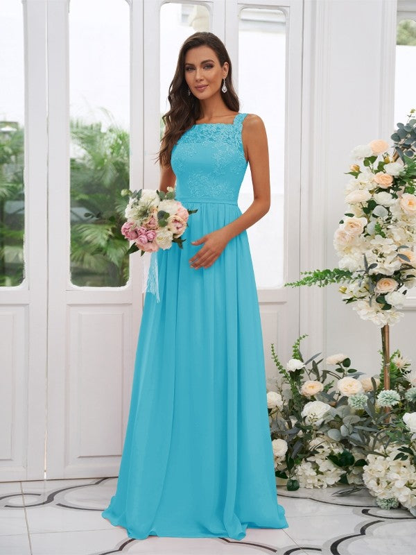 A-Line/Princess Chiffon Applique Square Sleeveless Floor-Length Bridesmaid Dresses