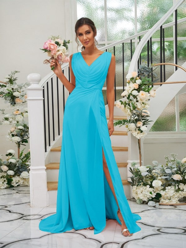 A-Line/Princess Chiffon Ruched V-neck Sleeveless Sweep/Brush Train Bridesmaid Dresses