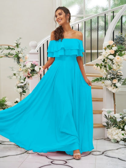 A-Line/Princess Chiffon Ruffles Off-the-Shoulder Sleeveless Floor-Length Bridesmaid Dresses