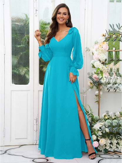 A-Line/Princess Chiffon Bow knot V-neck Long Sleeves Floor-Length Bridesmaid Dresses