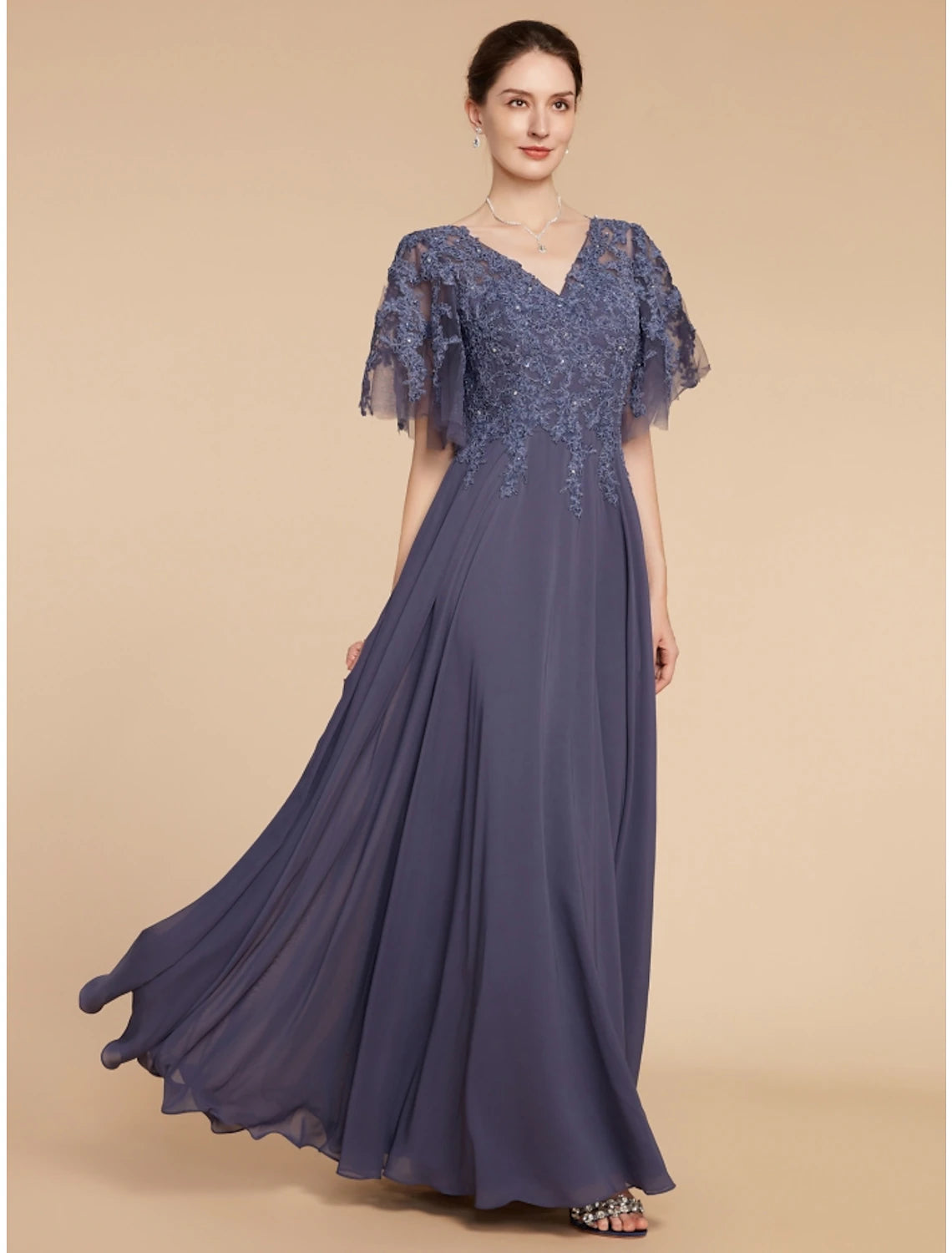 A-Line Mother of the Bride Dress Wedding Guest Elegant V Neck Floor Length Chiffon Lace Short Sleeve with Sequin Ruching Solid Color