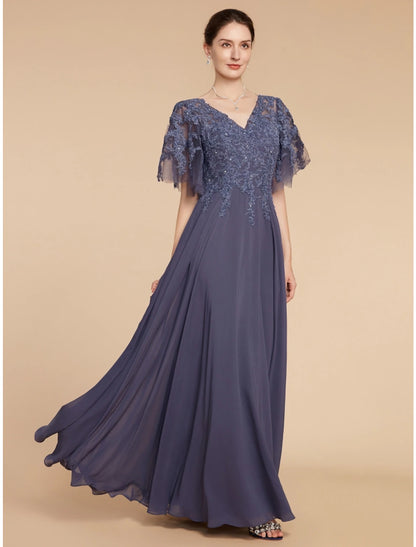 A-Line Mother of the Bride Dress Wedding Guest Elegant V Neck Floor Length Chiffon Lace Short Sleeve with Sequin Ruching Solid Color