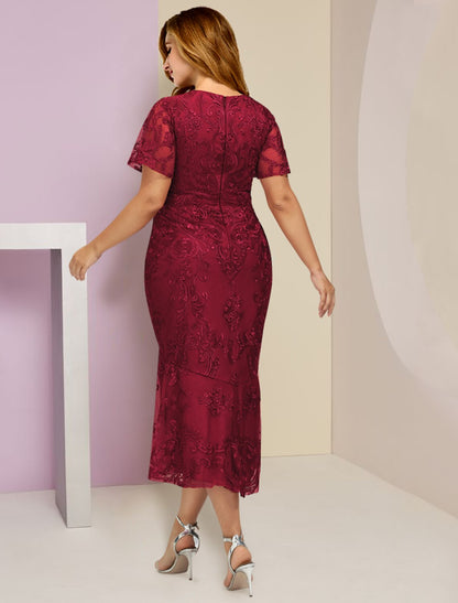 Plus Size Curve Mother of the Bride Dress Wedding Guest Party Elegant V Neck Tea Length Lace Short Sleeve with Pleats Solid Color