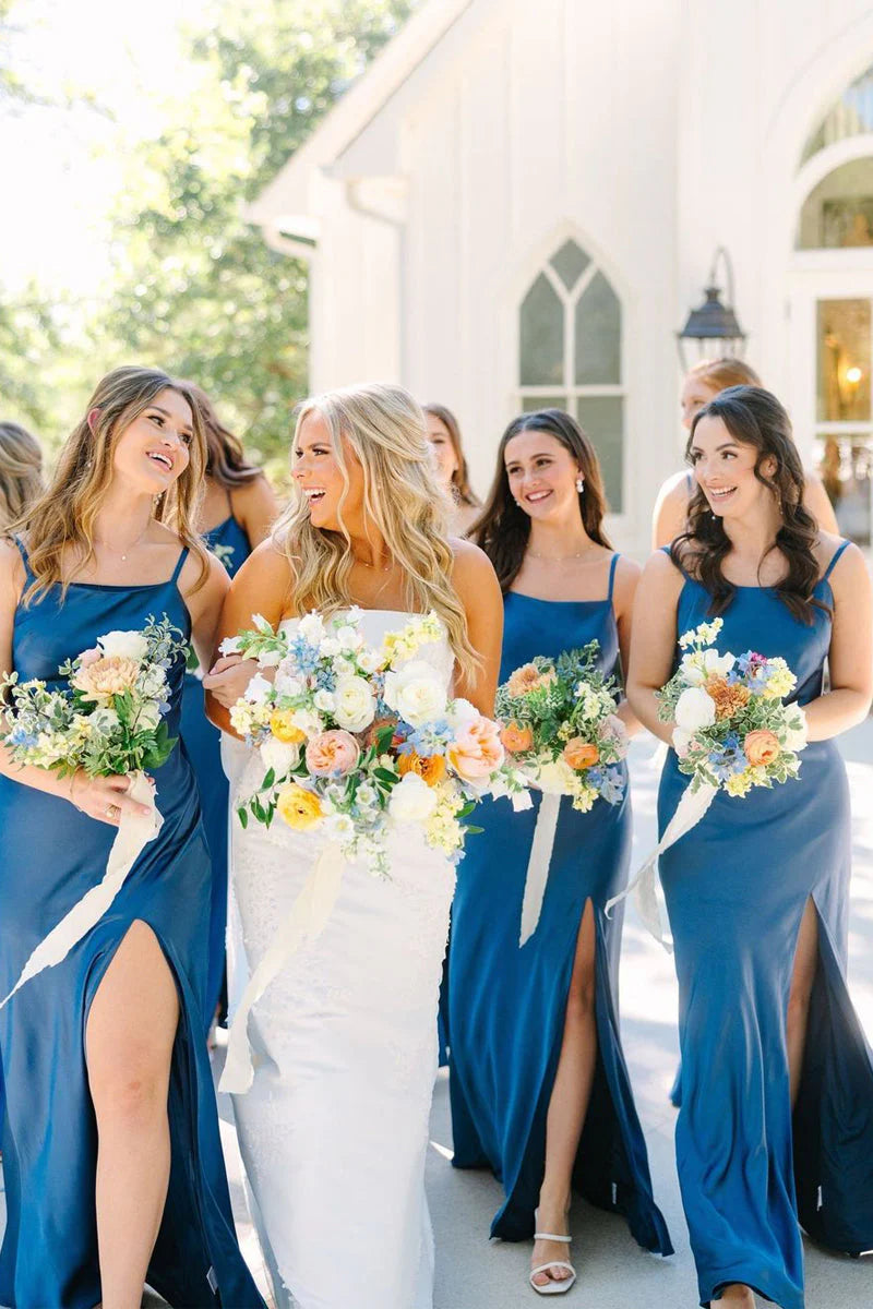 Bridesmaid Dresses Simple Mermaid Spaghetti Straps Blue Long