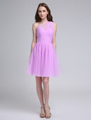 A-Line Bridesmaid Dress One Shoulder Sleeveless Knee Length Tulle with Ruched / Side Draping