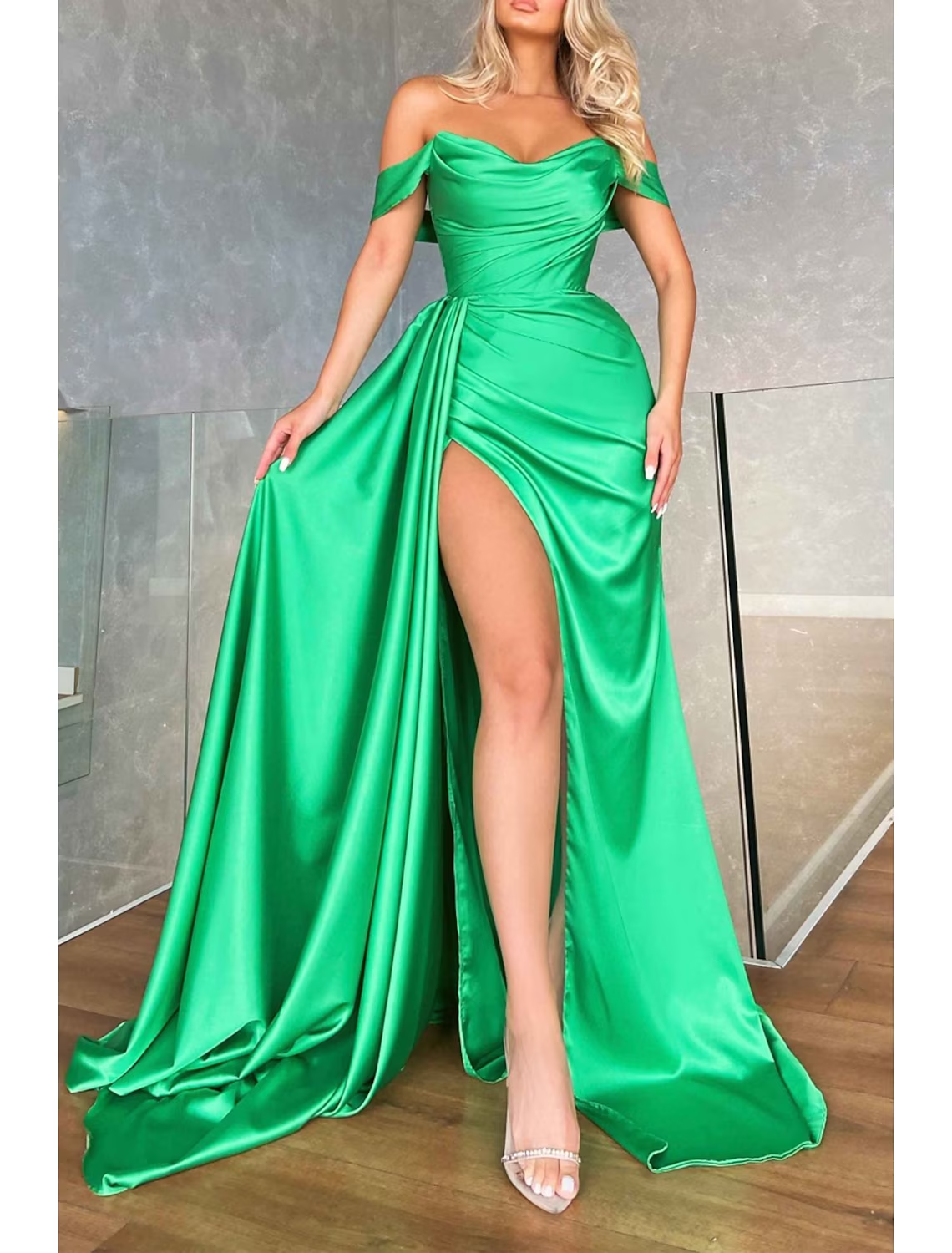 Mermaid / Trumpet Prom Dresses Empire Dress Formal Sweep / Brush Train Sleeveless Off Shoulder Imitation Silk Backless with Ruched Slit