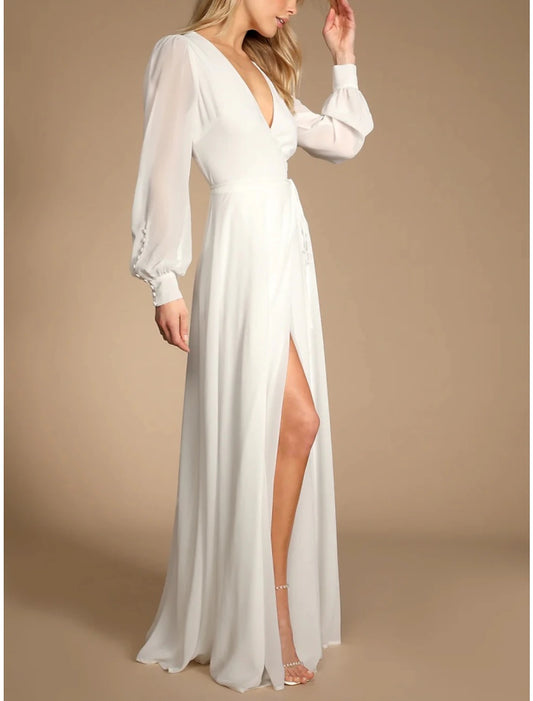 Wedding Dresses A-Line V Neck Long Sleeve Floor Length Chiffon Bridal Gowns With Pleats Split Front