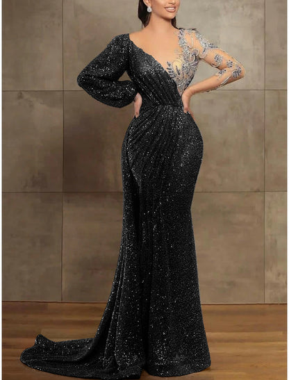 Sequin Mermaid  Gown Elegant Formal Dress Court Train Long Sleeve Illusion Neck Sequined with Pleats Evening Dress