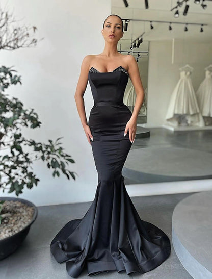 Mermaid / Trumpet Evening Gown Sexy Dress Formal Wedding Guest Floor Length Sleeveless Strapless Satin Backless with Beading