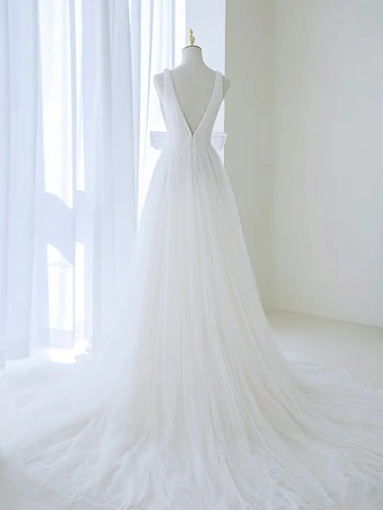 A-Line Deep V Neck Tulle Long Wedding Dress with Bow Fantastic Wedding Dress