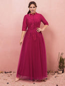 A-Line Chinese Style Plus Size Engagement Formal Evening Dress High Neck Half Sleeve Floor Length Lace with Buttons
