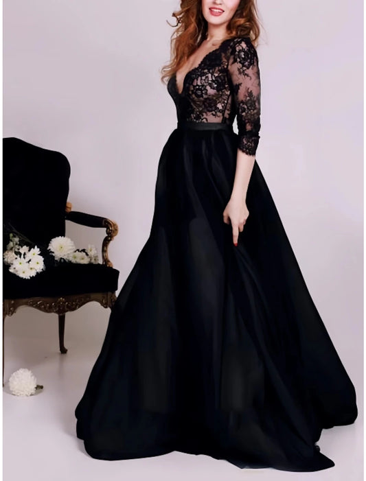 A-Line Evening Gown Party Dress Birthday Fall Floor Length 3/4 Length Sleeve V Neck Satin with Pleats