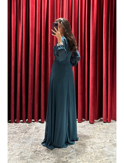 A-Line Evening Gown High Split Dress Formal Fall Sweep / Brush Train Long Sleeve V Neck Stretch Fabric with Pleats Crystals Ruffles