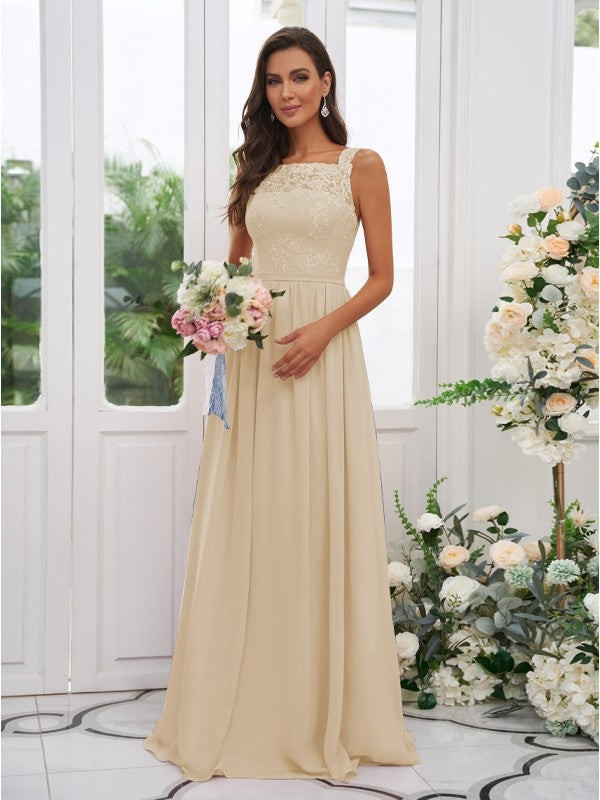 A-Line/Princess Chiffon Applique Square Sleeveless Floor-Length Bridesmaid Dresses