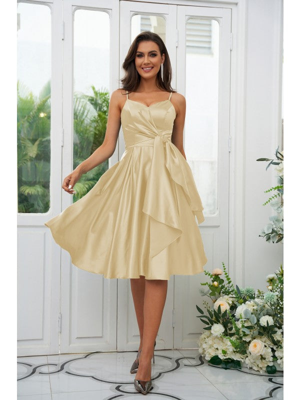 A-Line/Princess  Woven Satin Ruffles Spaghetti Straps Sleeveless Knee-Length Bridesmaid Dresses