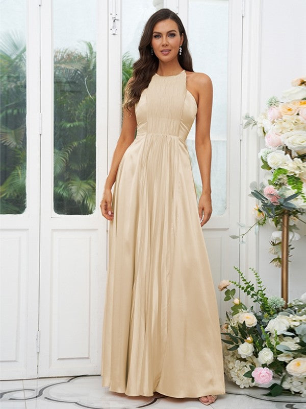 A-Line/Princess Silk like Satin Ruffles Halter Sleeveless Floor-Length Bridesmaid Dresses