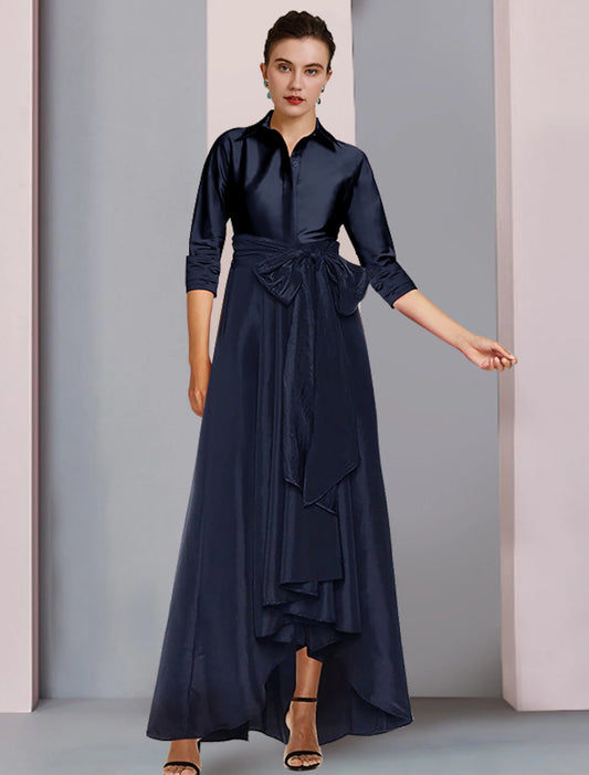 Mother of the Bride Dress Elegant Plus Size High Low Shirt Collar Asymmetrical Floor Length Satin 3/4 Length Sleeve with Sash / Ribbon Bow(s) Pleats Mother of the Bride Dress