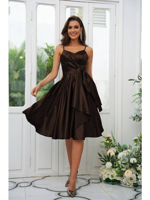 A-Line/Princess  Woven Satin Ruffles Spaghetti Straps Sleeveless Knee-Length Bridesmaid Dresses