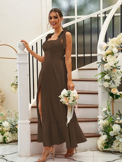 A-Line/Princess Silk like Satin Ruffles Straps Sleeveless Ankle-Length Bridesmaid Dresses