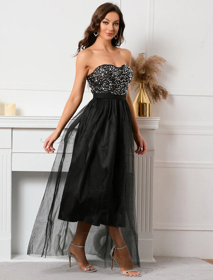 A-Line Party Dresses Vintage Dress Holiday Summer Floor Length Sleeveless Strapless Sequined with Sequin