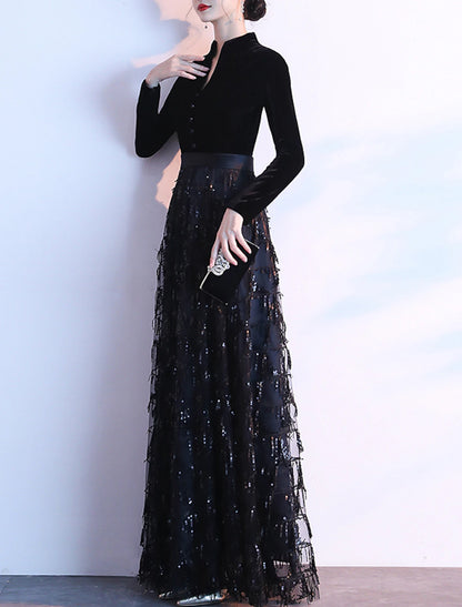 A-Line Party Dress Sparkle Elegant Prom Formal Evening Dress Queen Anne Long Sleeve Floor Length Sequined with Sash / Ribbon Sequin