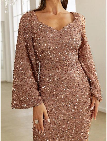 Mermaid / Trumpet Evening Gown Sparkle & Shine Dress Formal Fall Sweep / Brush Train Long Sleeve V Neck Sequined with Glitter Ruched