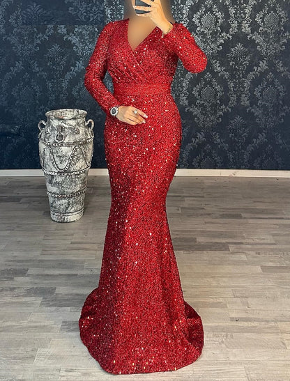 Mermaid / Trumpet Evening Gown Christmas Red Green Dress Party Dress Masquerade Black Tie Floor Length Long Sleeve V Neck Belt / Sash Sequined with Ruched