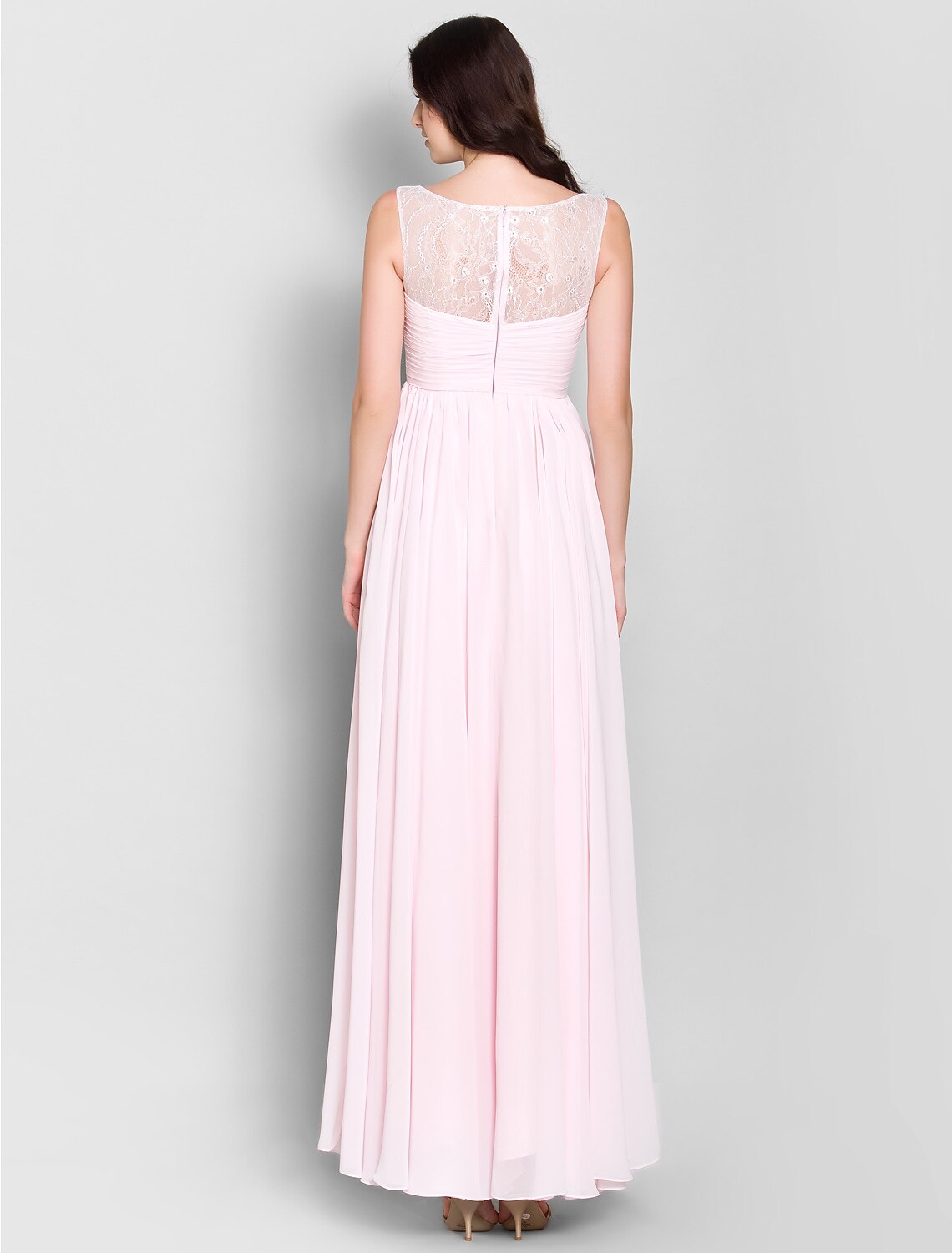 A-Line Scoop Neck Ankle Length Chiffon Bridesmaid Dress with Lace / Criss Cross