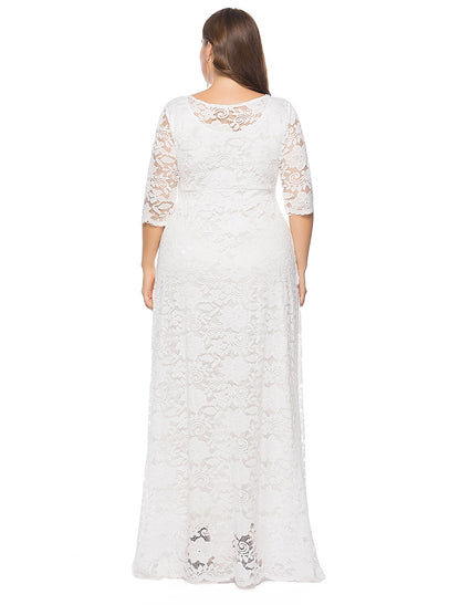 Sheath / Column Plus Size White Holiday Wedding Guest Dress Jewel Neck Half Sleeve Floor Length Lace with Lace Insert