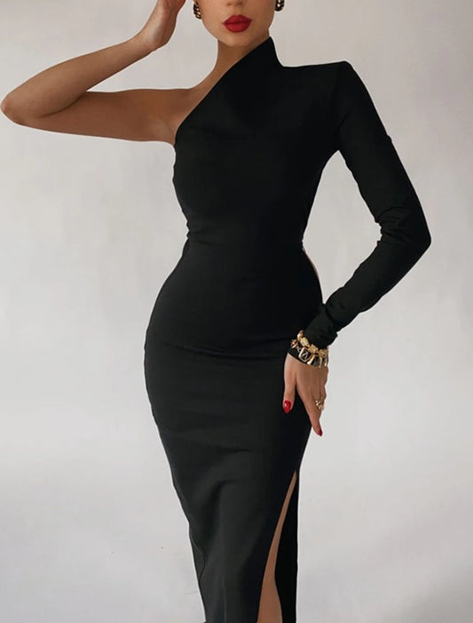 Mermaid Black Dress Plus Size Evening Gown Minimalist Dress Formal Evening Sweep / Brush Train Long Sleeve One Shoulder Fall Wedding Guest Stretch Fabric with Slit Pure Color