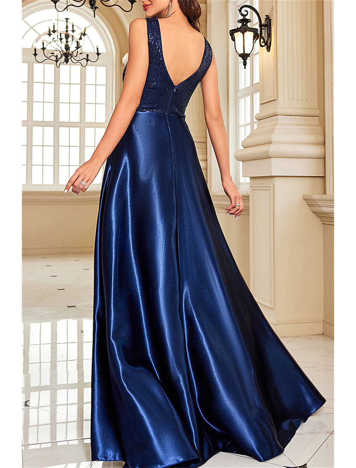 A-Line Mother of the Bride Dress Wedding Guest Party Sparkle & Shine Elegant V Neck Floor Length Satin Sequined Sleeveless with Sequin Color Block