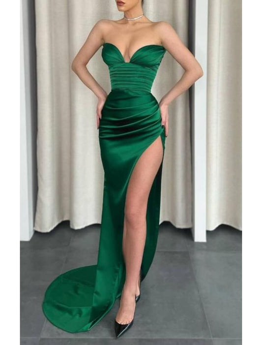 Mermaid / Trumpet Prom Dresses Minimalist Dress Wedding Guest Wedding Party Sweep / Brush Train Sleeveless V Neck Italy Satin with Pleats Ruched Pure Color