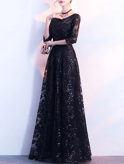 A-Line Glittering Elegant Wedding Guest Formal Evening Dress Jewel Neck 3/4 Length Sleeve Floor Length Sequined with Sash / Ribbon Bow(s) Sequin