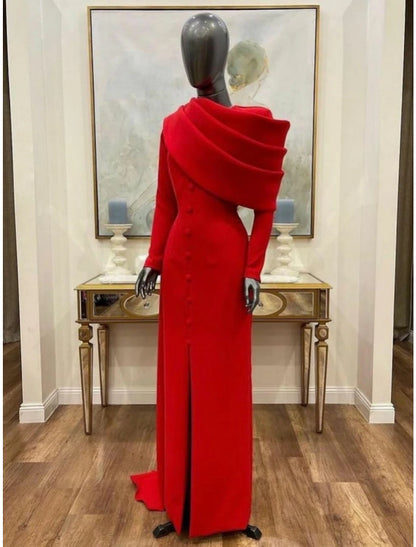 Sheath / Column Red Black Christmas Red Green Dress Evening Gown Elegant Cape Dress Formal Fall Sweep / Brush Train Long Sleeve Cowl Neck Stretch Fabric with Buttons Slit