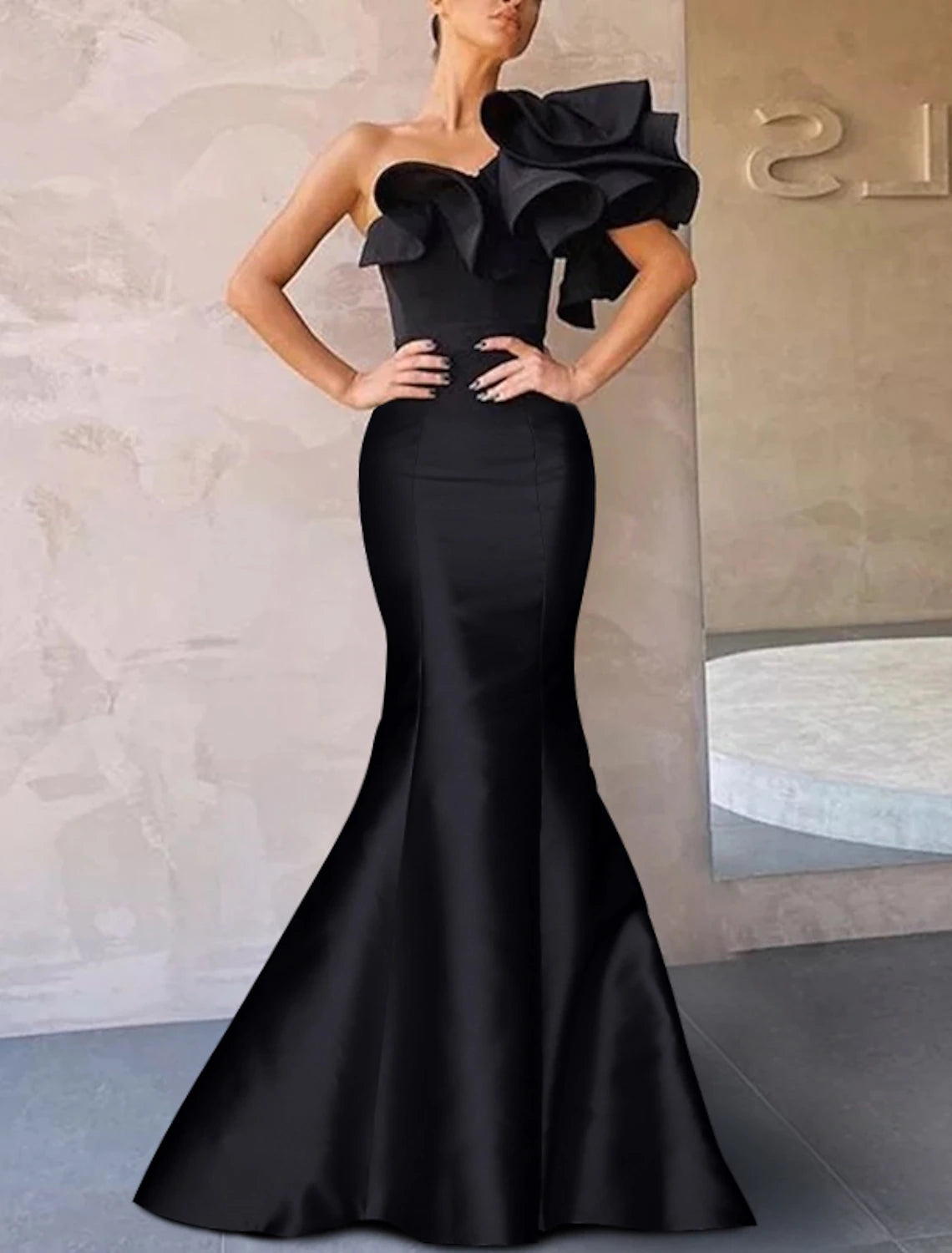 Mermaid / Trumpet Evening Gown Corsets Dress Formal Wedding Guest Floor Length Sleeveless One Shoulder Taffeta with Ruffles Shouder Flower