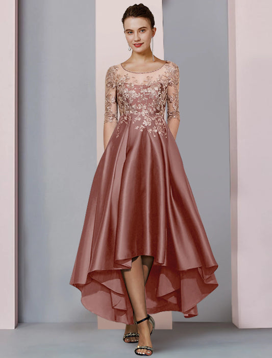 A-Line Mother of the Bride Dress Formal Wedding Guest Party Elegant High Low Scoop Neck Asymmetrical Tea Length Satin Lace Half Sleeve with Pleats Beading Appliques