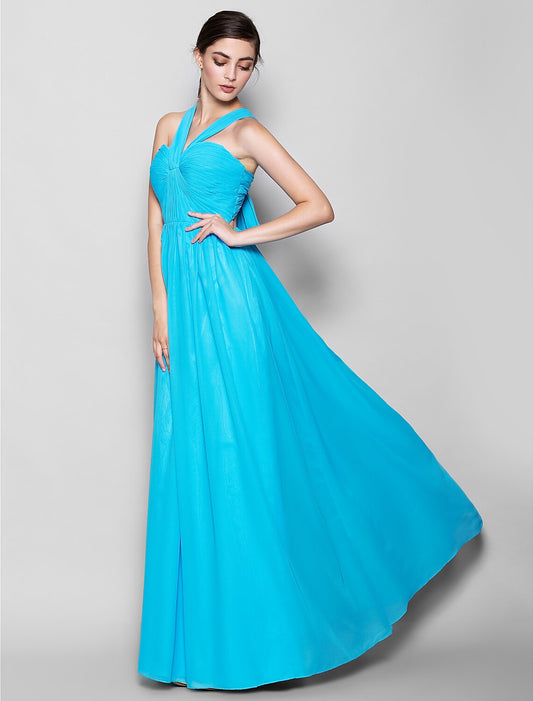 Sheath / Column Bridesmaid Dress Halter Neck Sleeveless Open Back Floor Length Chiffon with Criss Cross