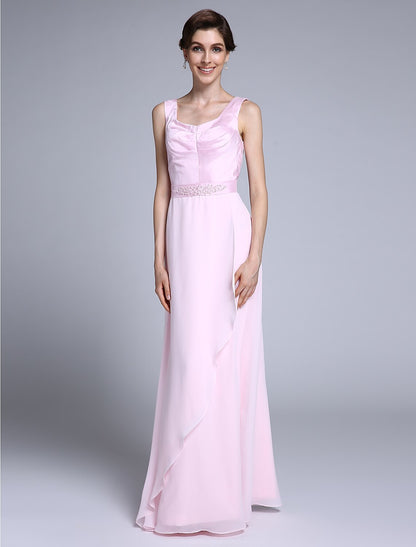 Sheath / Column Mother of the Bride Dress Scoop Neck Floor Length Chiffon 3/4 Length Sleeve No with Beading