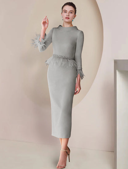 Sheath / Column Mother of the Bride Dress Formal Wedding Guest Party Elegant Scoop Neck Tea Length Satin 3/4 Length Sleeve with Feather Beading