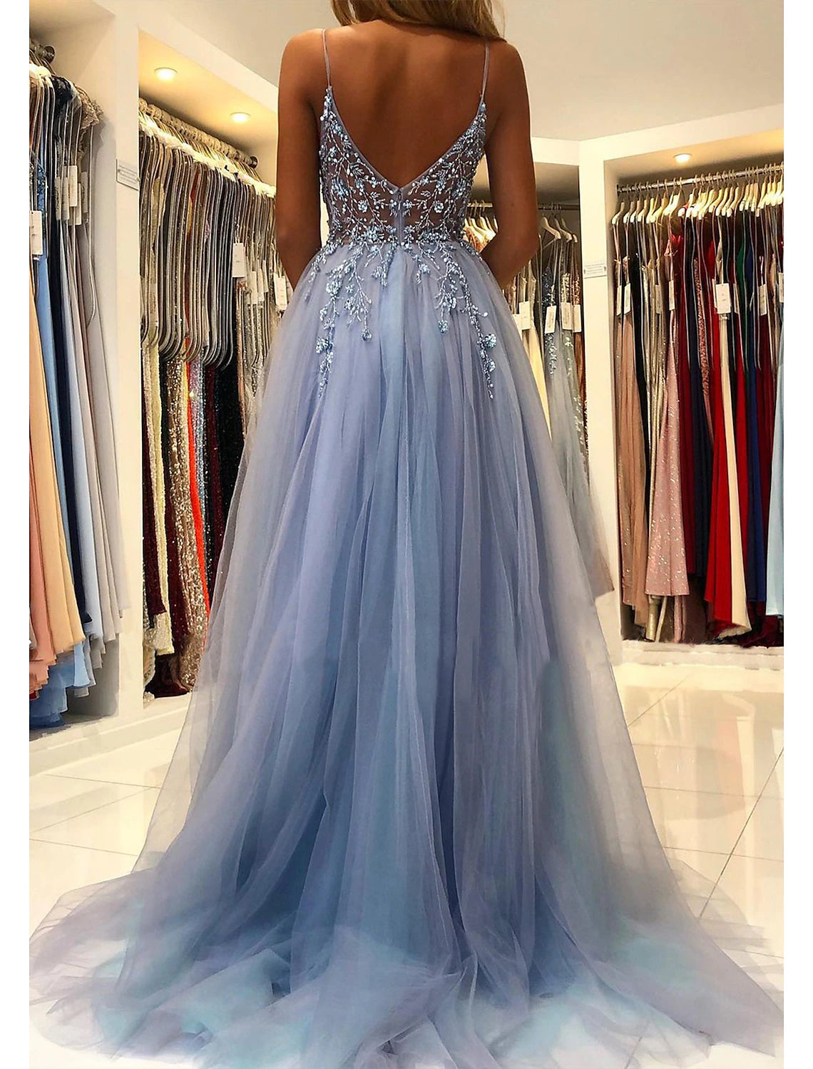 A-Line Prom Party Dress Princess Dress Formal Prom Court Train Sleeveless V Neck Tulle with Beading