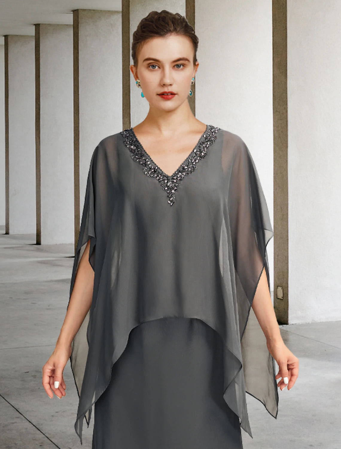 A-Line Mother of the Bride Dress Luxurious Elegant V Neck Floor Length Chiffon Sleeveless Shawls with Beading Ruffles