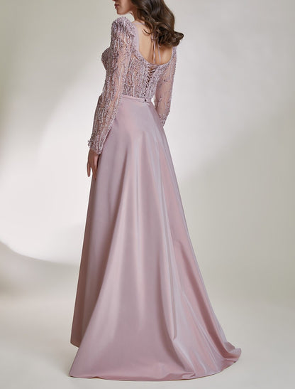 A-Line Prom Dresses Elegant Dress Formal Sweep / Brush Train Long Sleeve Square Neck Satin with Bow(s) Sequin Slit