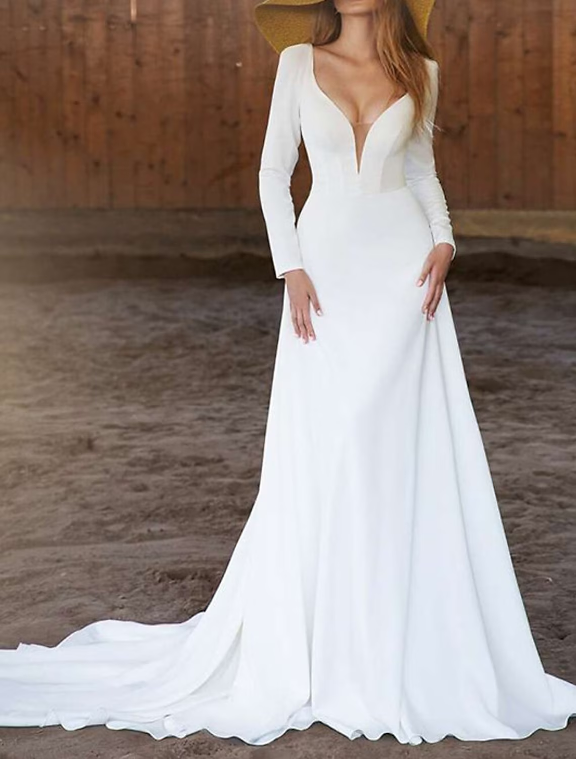 Hall Casual Wedding Dresses Chapel Train A-Line Long Sleeve V Neck Cotton Blend With Pleats Solid Color