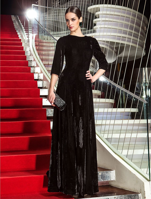 A-Line Celebrity Style Dress Wedding Guest Floor Length 3/4 Length Sleeve Jewel Neck Velvet with Pleats