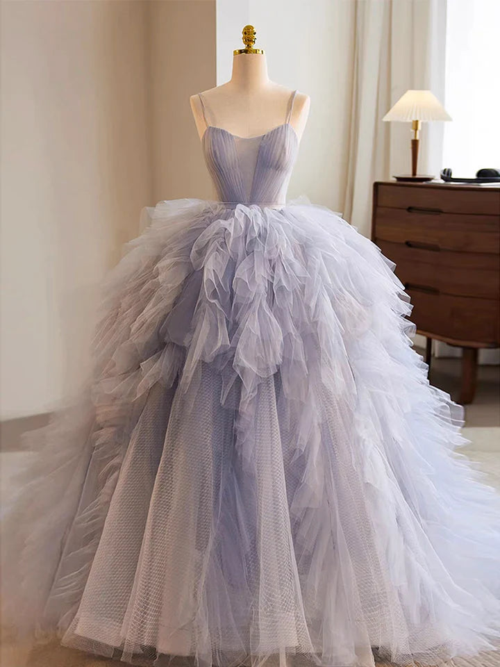 Sweet Tulle Evening Dress Spaghetti Strap Tulle layered Irregular Long Fantastic Long Gown