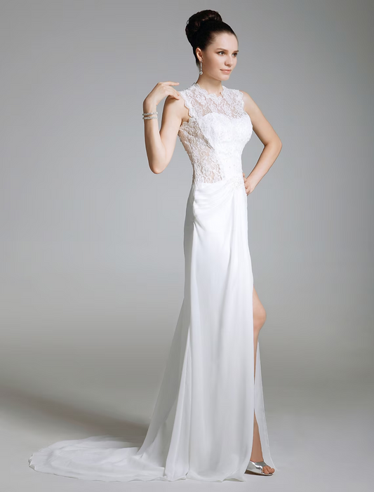 Sheath / Column Celebrity Style Dress Formal Evening Sweep / Brush Train Sleeveless Illusion Neck Chiffon with Lace Split Front