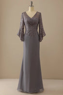 Mother of Bride Dress V Neck Lace Long Sleeves